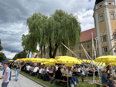 Festgelände mit Bierbänken und Sonnenschirme und vielen Besucherinnen und Besuchern