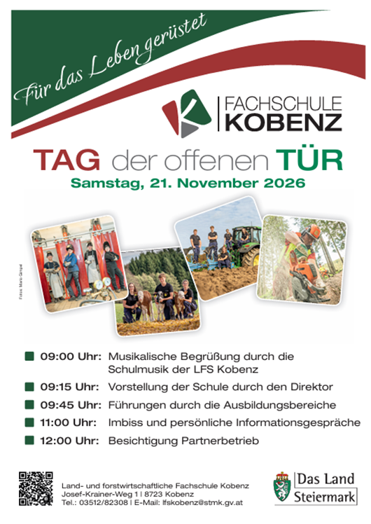 TAG der offenen TÜR:
Samstag, 22. November 2025
Programm: 09:00 Uhr: Musikalische Begrüßung
09:15 Uhr: Vorstellung der Schule
09:45 Uhr: Führungen durch die Ausbildungsbereiche
12:00 Uhr: Möglichkeit für einen kleinen Imbiss