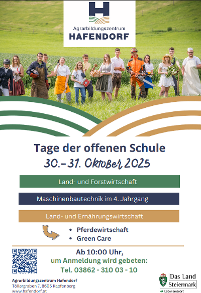 Tag der offenen Schule
 Das Bild zeigt eine Einladung für den Tag der offenen Schule am 30. und 31. Oktober 2025. An diesen Tagen besteht die Möglichkeit gegen Voranmeldung die Schule und den Landwirtschaftsbetrieb zu besichtigen.  © Hafendorf