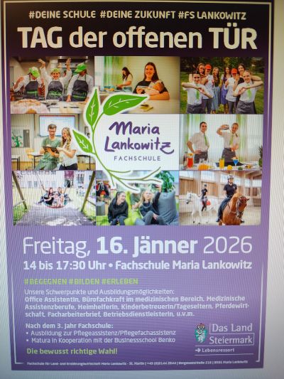 Einladung zum Tag der offenen Tür der FS Maria Lankowitz am Freitag, 16.1.2026 von 14:00 bis 17:30 Uhr