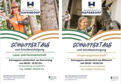 Die Fachschule für Forstwirtschaft und Land- und Ernährungswirtschaft bietet jeweils donnerstags für die Forstwirtschaft beziehungsweise mittwochs für die Land- und Ernährungswirtschaft Schnuppertage an. Eine telefonische Voranmeldung unter 03862/31003 ist erforderlich. © Hafendorf