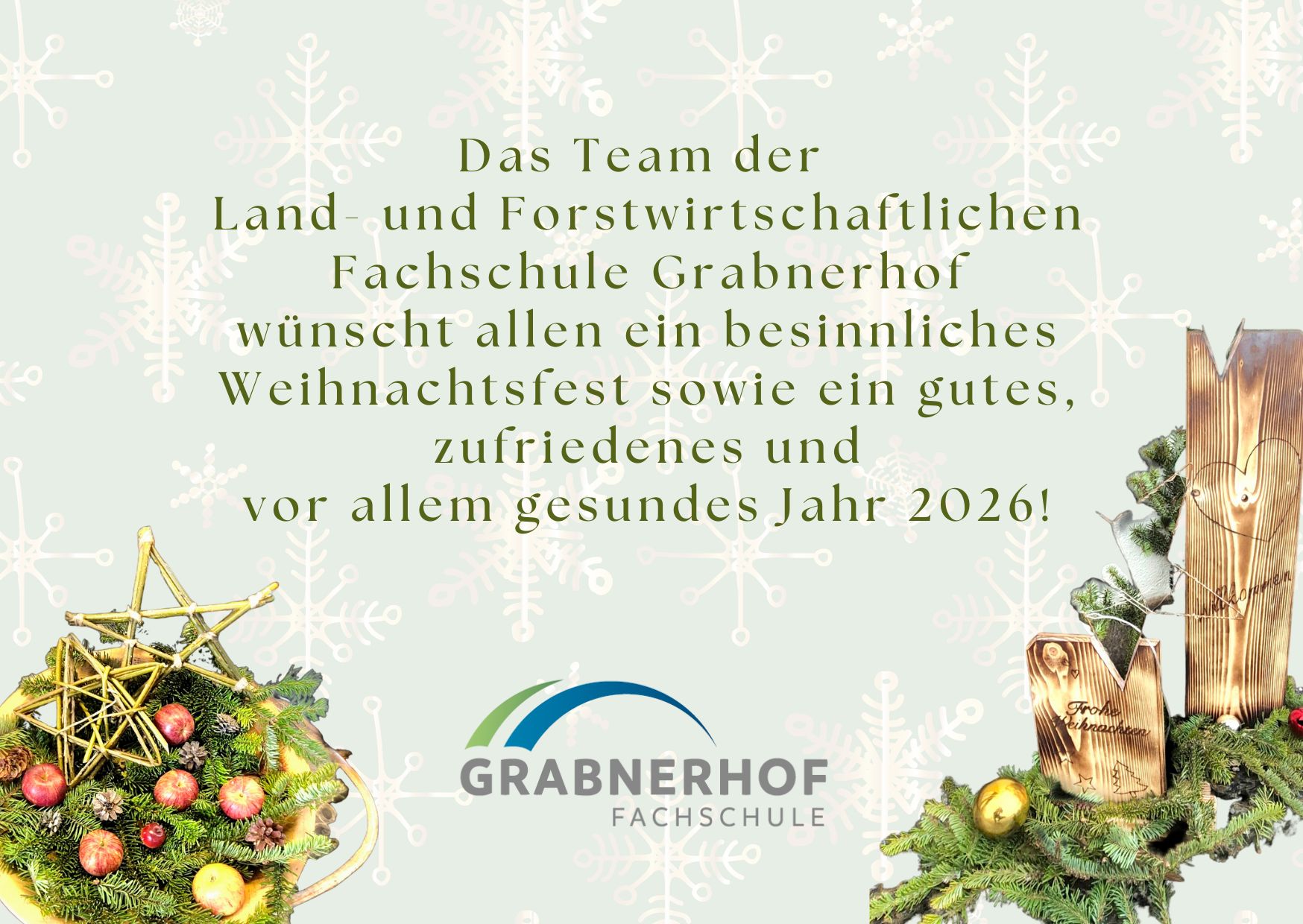 Festliche Grafik mit winterlichen Ornamenten und Weihnachtswünschen des Fachschule-Teams.