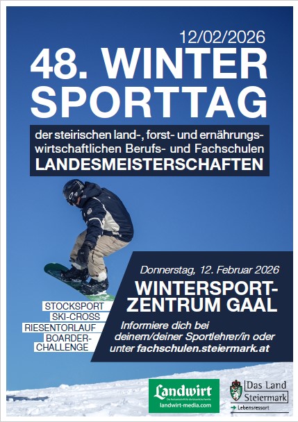 Plakat zur Ankündigung 48. Wintersporttag im Wintersportzentrum Gaal am 12. Februar 2026 zeigt eine Person beim Snowboarden im Schnee mit strahlend blauem Himmel