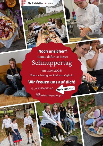 Plakat, Ankündigung Schnuppertag, Fotos von Schülerinnen im Schlossgarten, in der Küche, beim Cocktaileinschenken, und in der herbstlichen Landschaft