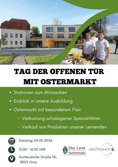 Ein Flyer vom Tag der Offenen Tür mit Ostermarkt, der die Details der Veranstaltung beschreibt