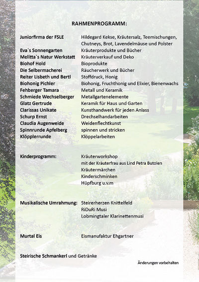 Liste von Anbietern und Produkten auf einem Rahmenprogramm. Themen: Kräuter, Honig, Handwerk, Musik und regionale Spezialitäten.