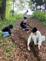 Im Wald sammeln Personen auf dem Boden liegende Gegenstände auf. Die Natur bietet Raum für Entdeckungen.