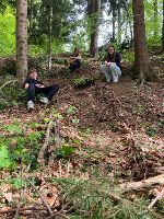 Waldszene mit drei Personen, die sich in der Natur aufhalten. Die Gruppe baut eine Wald-Kugelbahn.