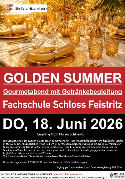 Plakat mit Angaben zu einem Gourmetmenü inklusive Getränke, veranstaltet in Feistritz am 18. Juni.
