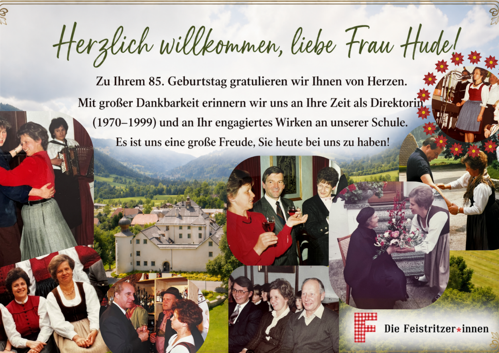 Fotocollage mit Aufnahmen aus verschiedenen Jahrzehnten, die eine Person in unterschiedlichen Lebensabschnitten porträtiert. Geburtstagswünsche.
