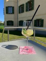 Der Mocktail steht auf dem Tisch schön angerichtet in einem Glas, welches mit Limette und Minze garniert wurde. Im Hintergrund sieht man das Schloss.