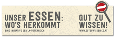 Werbebanner: „Unser Essen: Wo’s herkommt“. Initiative der LK Österreich, Website gutzuwissen.co.at