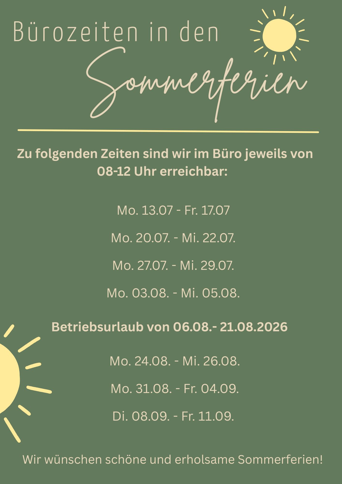 Grüner Hintergrund mit gelber Schrift, Sonne-Icon, Hinweis über die Öffnungszeiten des Schulbüros während der Sommerferien
