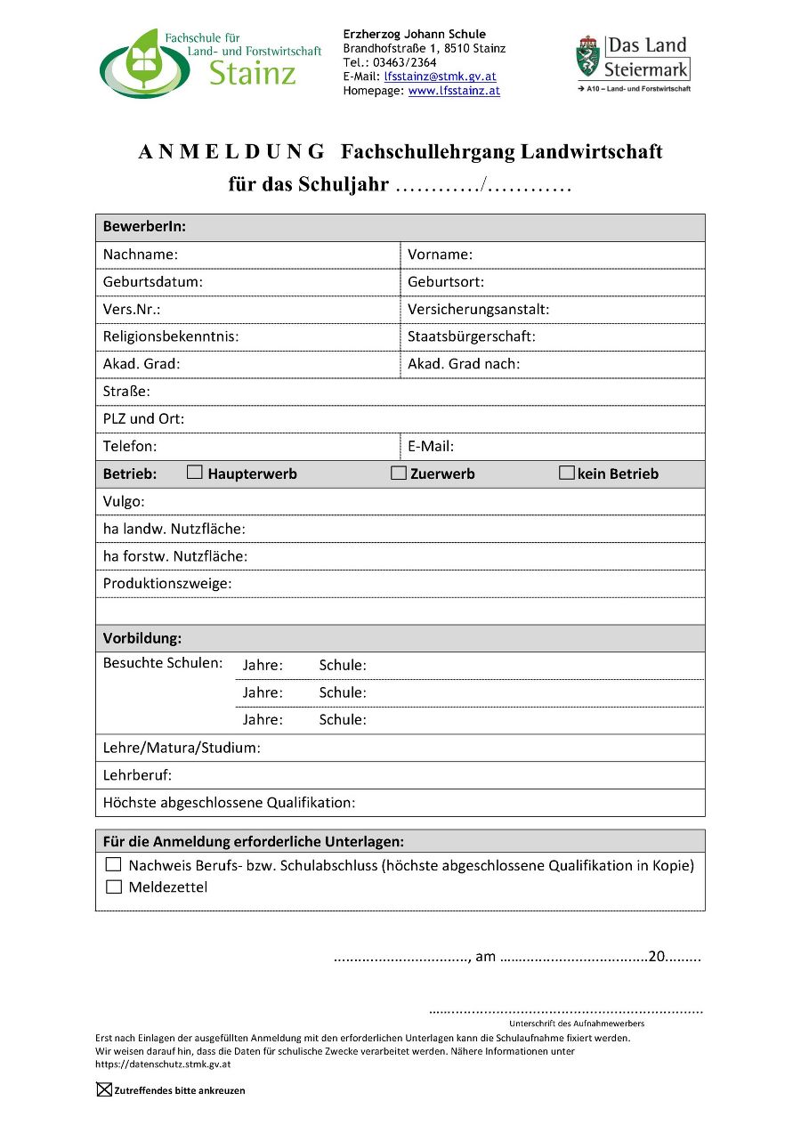 Anmeldung Fachschullehrgang Landwirtschaft Anmeldung Fachschullehrgang Landwirtschaft