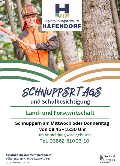 Flyer für Schnuppertage in Land- und Forstwirtschaft am Agrarbildungszentrum Hafendorf.
