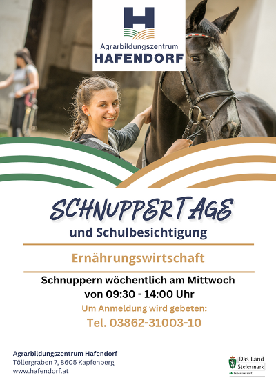 Flyer für Schnuppertage in Land- und Forstwirtschaft am Agrarbildungszentrum Hafendorf.