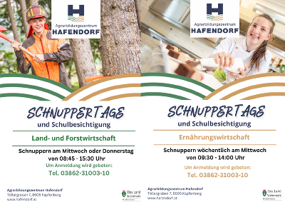 Die Fachschule für Forstwirtschaft und Land- und Ernährungswirtschaft bietet jeweils donnerstags für die Forstwirtschaft beziehungsweise mittwochs für die Land- und Ernährungswirtschaft Schnuppertage an. Eine telefonische Voranmeldung unter 03862/31003 ist erforderlich. © Hafendorf