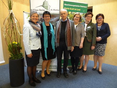 Bild von links: Dir. Rudolfine Praßl, die Referenten Maria Auer, Dr. Paul M. Zulehner, Landesbäuerin Gusti Maier, sowie Bezirksbäuerin Maria Matzhold und Anna Kandlbauer, Landwirtschaftskammer