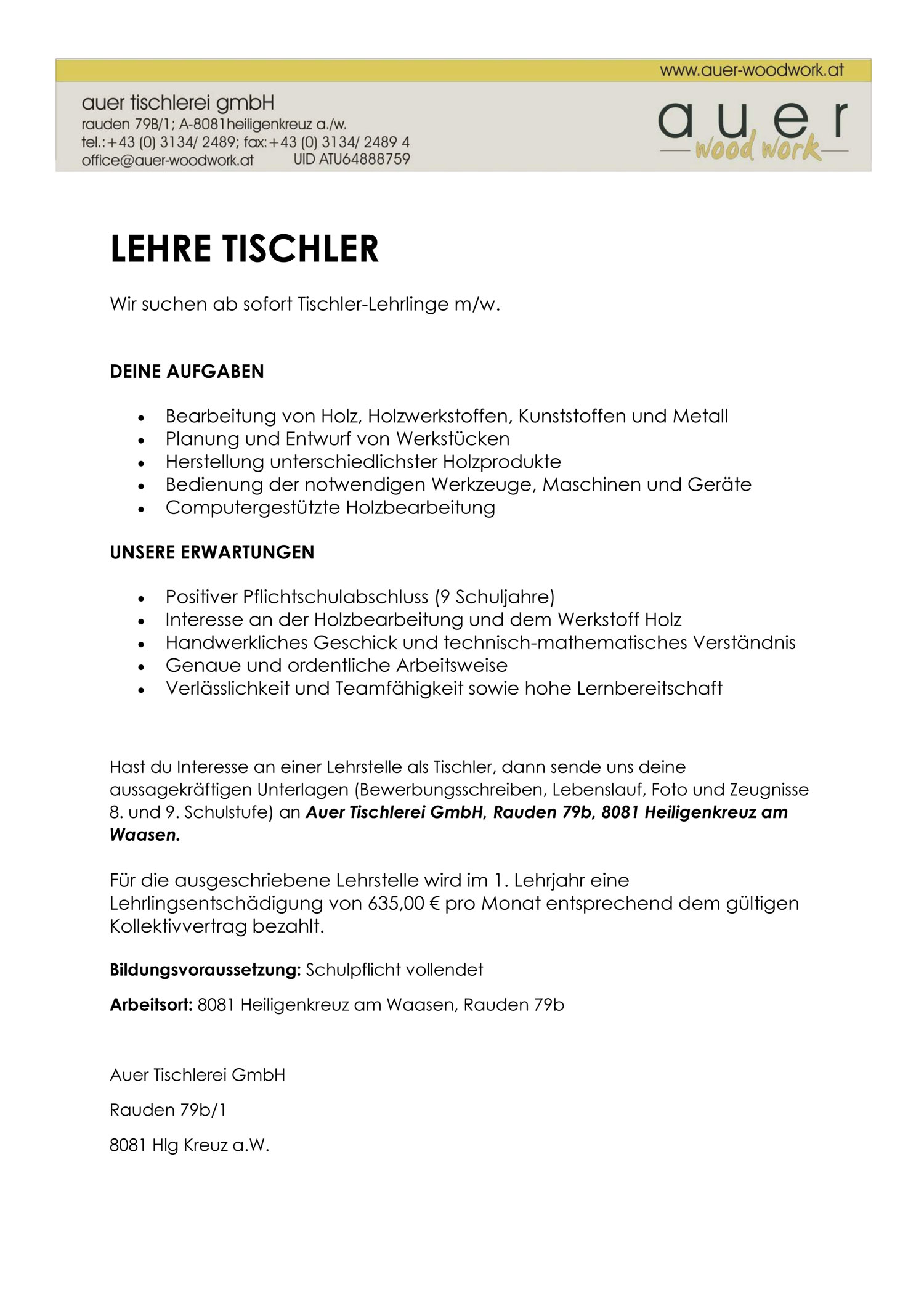 Tischler Lehrlinge M W Fachschulen Land Steiermark
