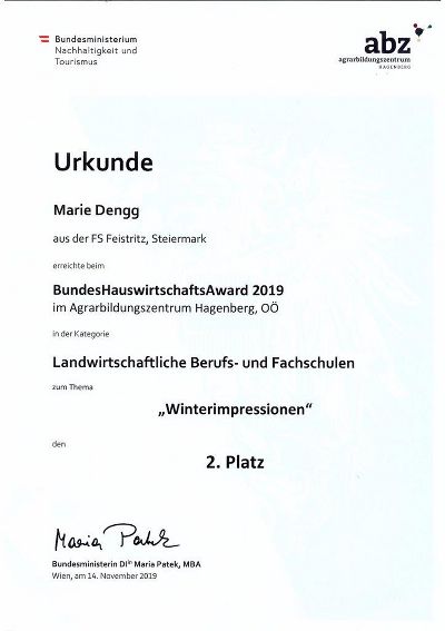 Marie Dengg 2. beim BundesHauswirtschaftsAward 2019!