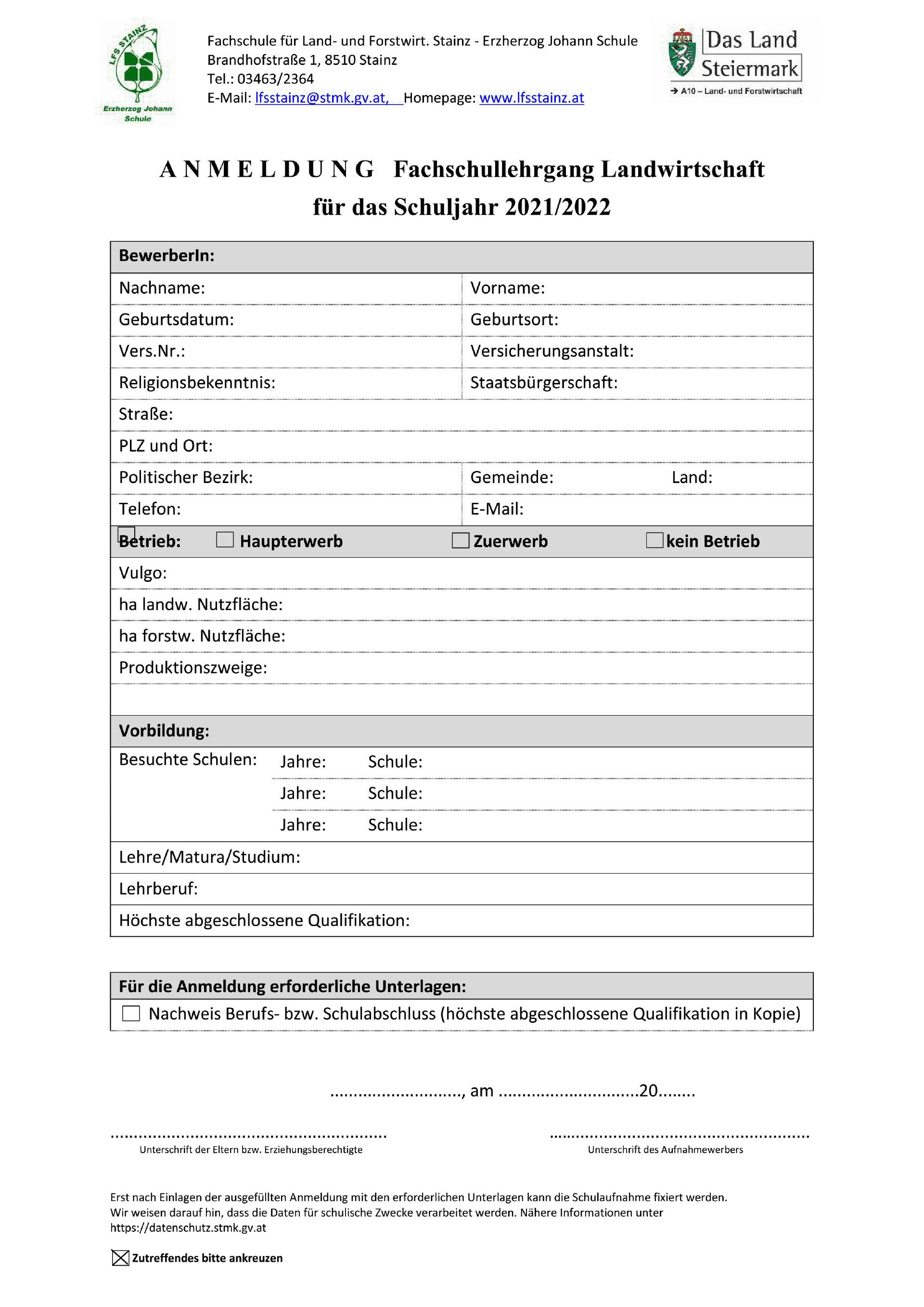 Anmeldung Fachschullehrgang Landwirtschaft Anmeldung Fachschullehrgang Landwirtschaft