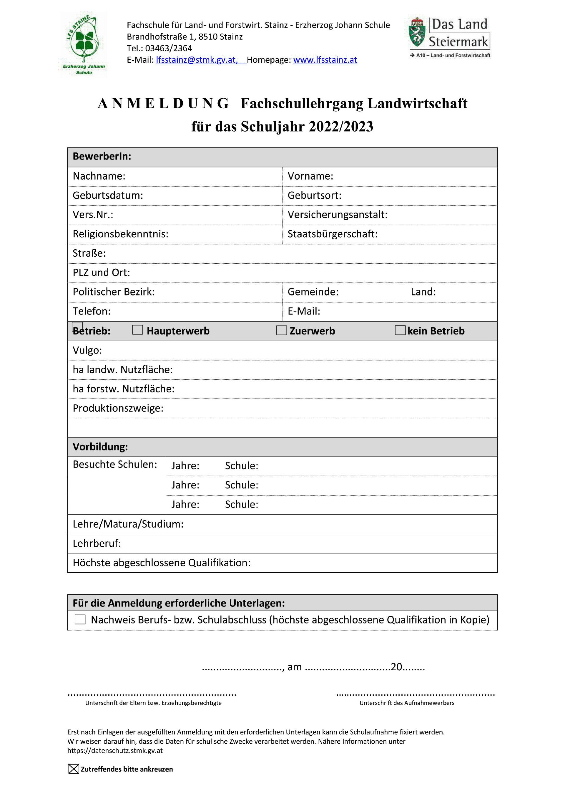 anmeldeformular Fachschullehrgang Landwirtschaft anmeldeformular Fachschullehrgang Landwirtschaft