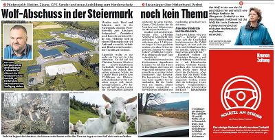 Artikel über den Wolf und Bilder mit Ziegen, Wölfen und dem Schulareal der LFS Grabnerhof 