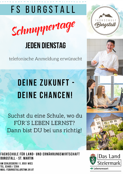 Flyer mit der Einladung zum Schnuppertag der Fachschule Burgstall jeden Dienstag nach telefonischer Anmeldung.