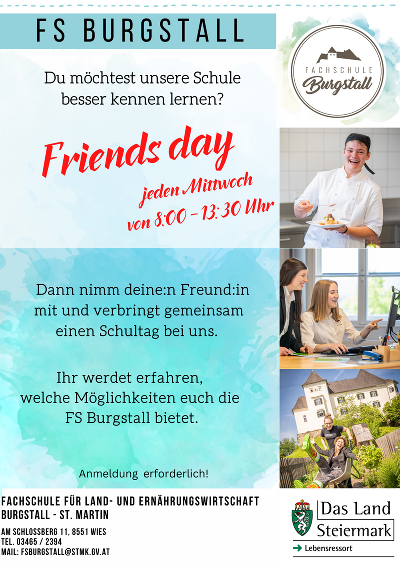 Flyer mit der Einladung zu einem Schnuppertag in der Fachschule Burgstall. Jeden Mittwoch von 8:00-13:30 Uhr, um telefonische Voranmeldung wird gebeten. 