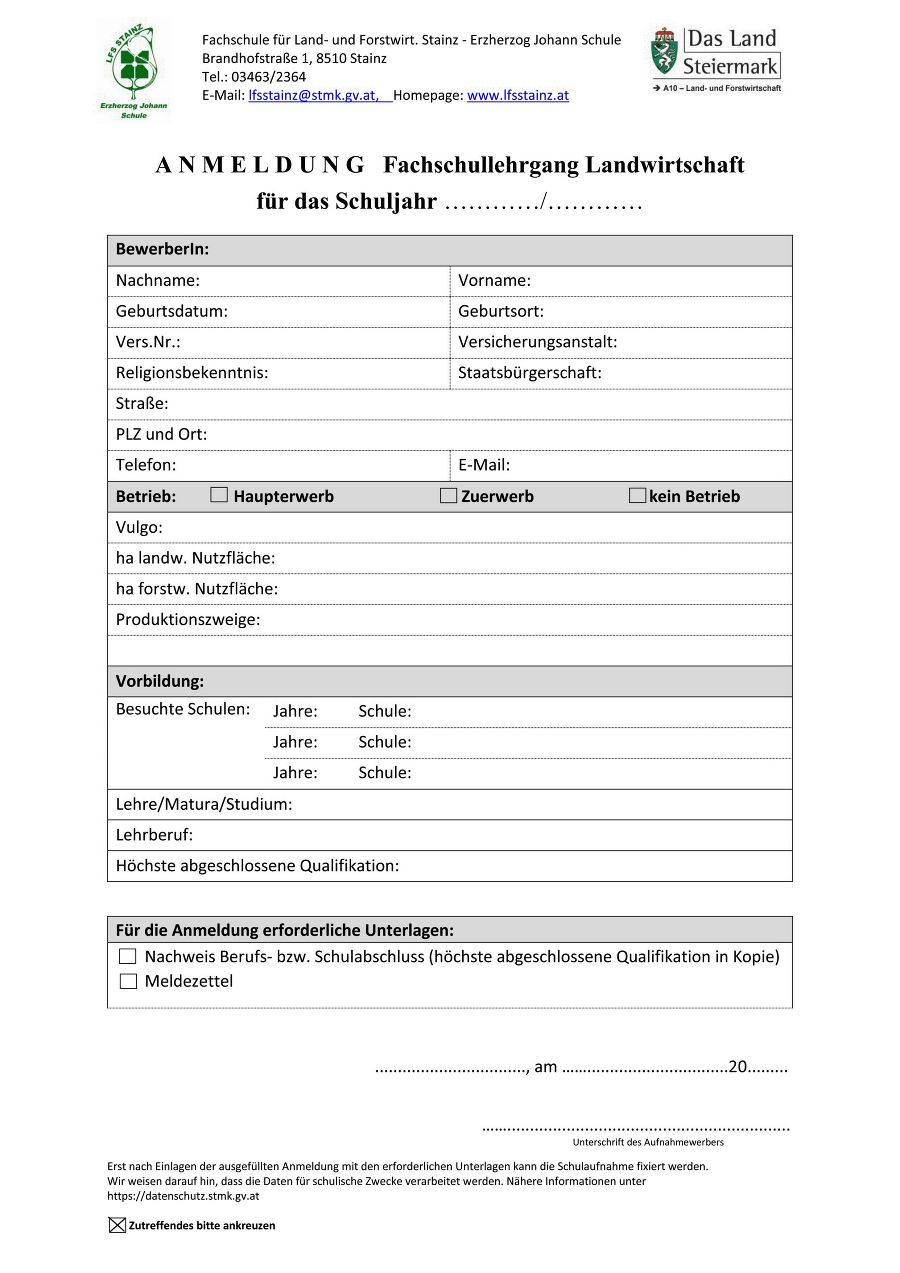 Anmeldung Fachschullehrgang Landwirtschaft