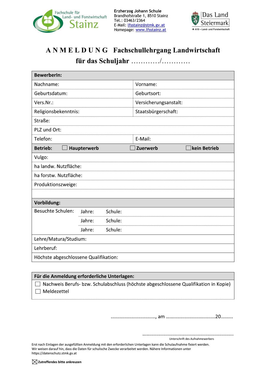 Anmeldeformular Fachschullehrgang Landwirtschaft Anmeldeformular Fachschullehrgang Landwirtschaft
